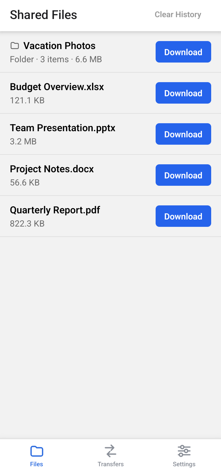 Relay's Shared Files screen on Android, showing the same shared folder and documents with a Download button next to each one.