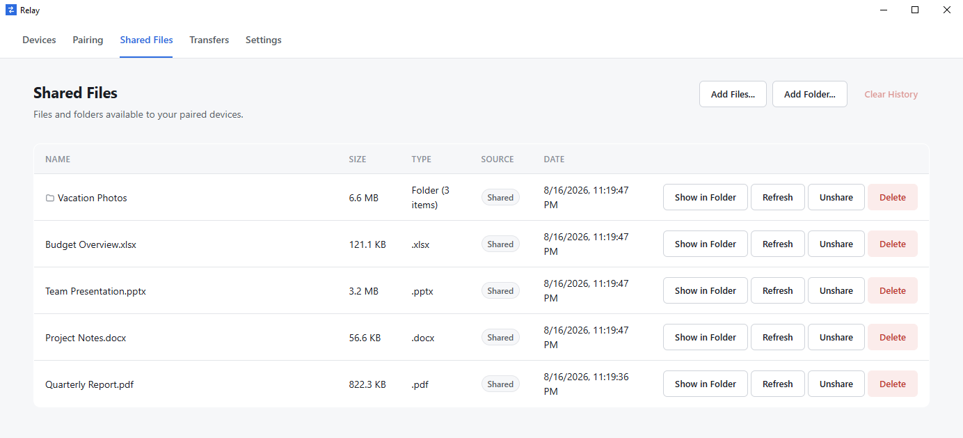 Relay's Shared Files screen on Windows, listing a shared Vacation Photos folder and four shared documents, each with its size, type, source, and share date.